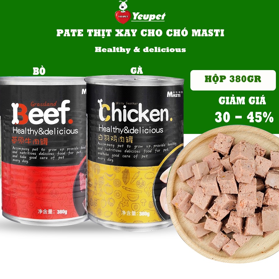 Thức ăn đóng hộp cho chó vị bò và gà MASTI PATE 380G cung cấp dinh dưỡng