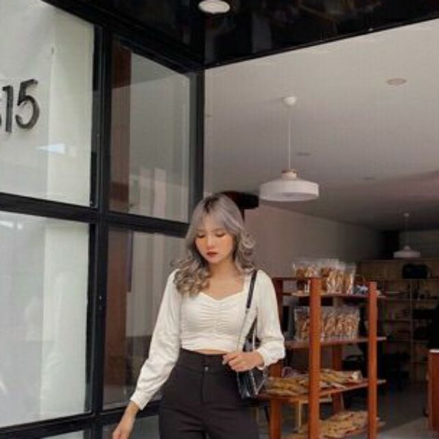 Áo CROPTOP TAY DÀI NHÚN NGỰC CỔ RỘNG BO TAY