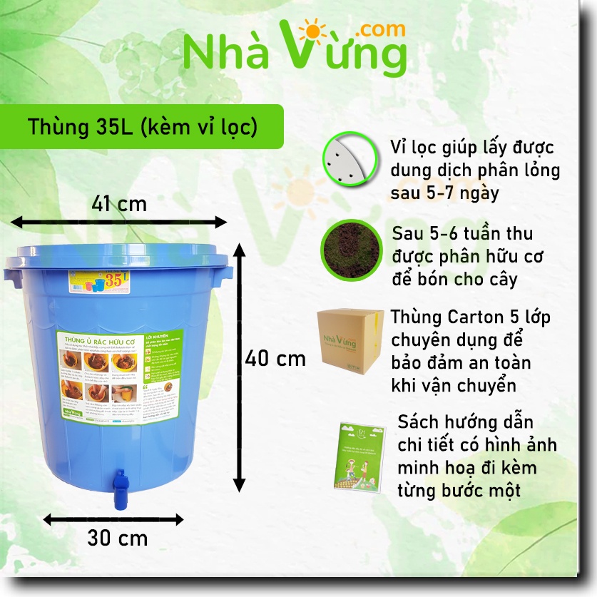 [Mã LIFEHL50K giảm 10% đơn 200K] Thùng ủ rác hữu cơ thành phân hữu cơ EM Bokashi - Nhà Vừng (1 thùng 35L + 1 túi)