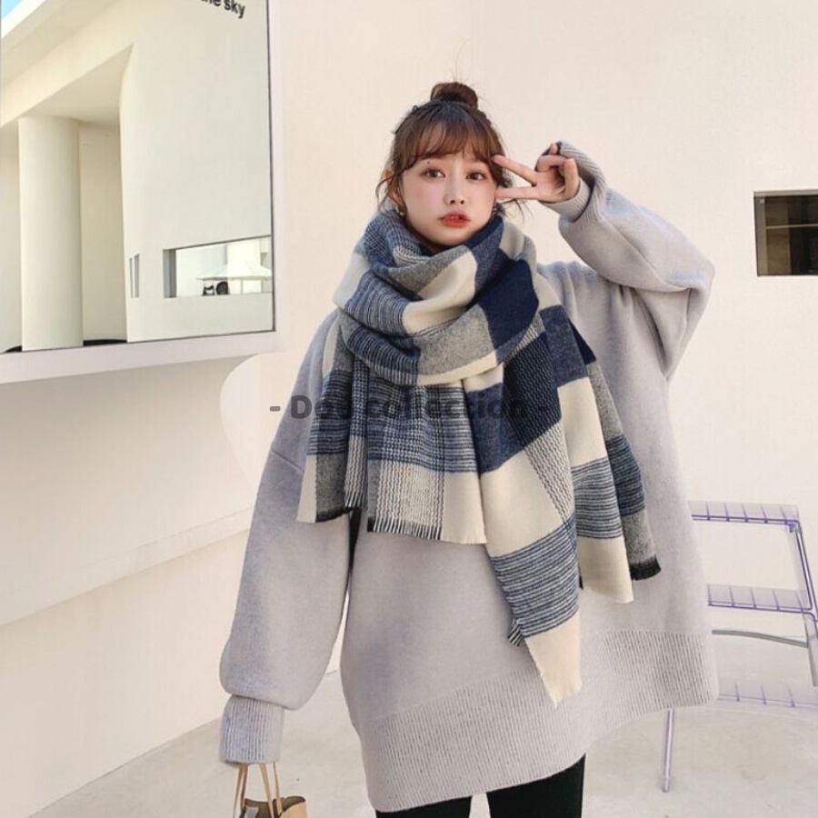 Khăn choàng cổ len cashmere kích thước 70x200cm hoạ tiết caro giữ ấm thời trang thu đông LN021 màu xanh be