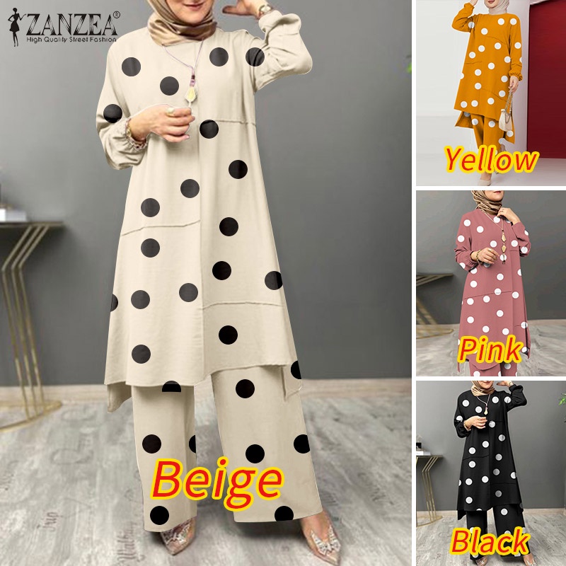 ZANZEA Bộ Áo Tay Phồng + Quần Ống Rộng Lưng Thun Họa Tiết Chấm Bi Dành Cho Nữ