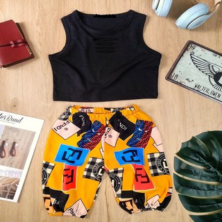 Set ba lỗ croptop+ quần họa tiết bé gái 012139