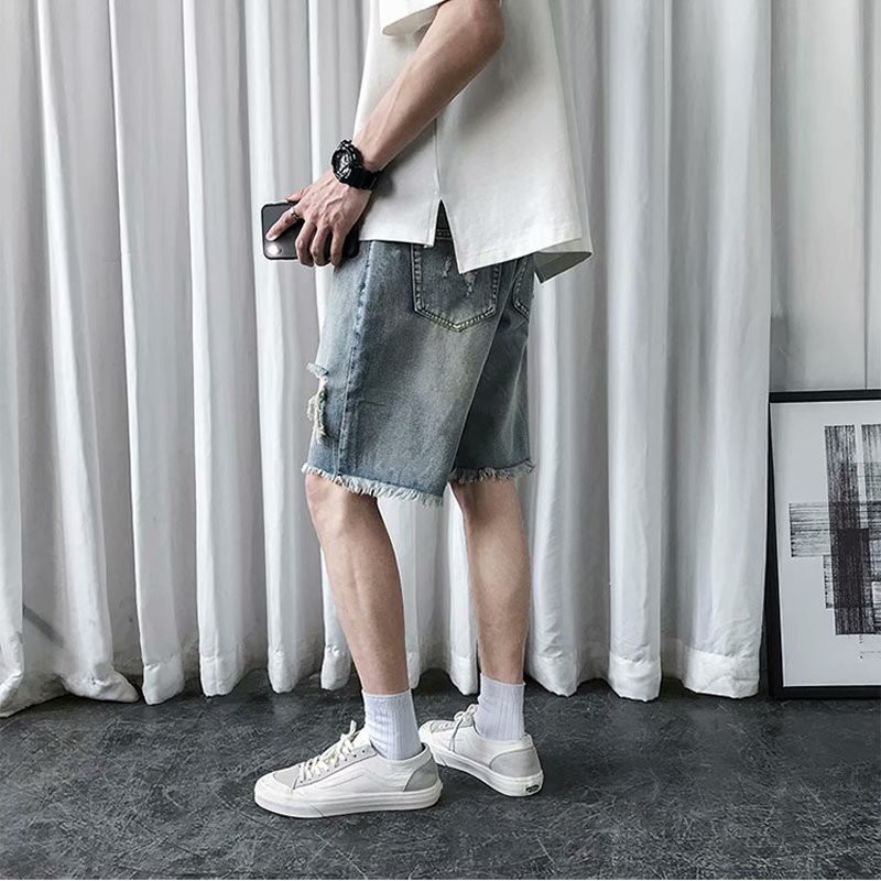 Quần Short Jean Ống Rộng Phong Cách Retro Hong Kong Cho Nam