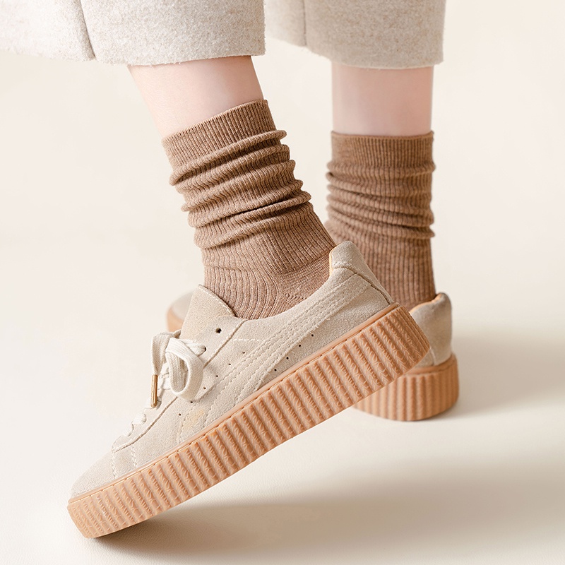 Vớ cotton cổ cao nửa kim đôi màu trơn phong cách Harajuku phối thoải mái cho nữ