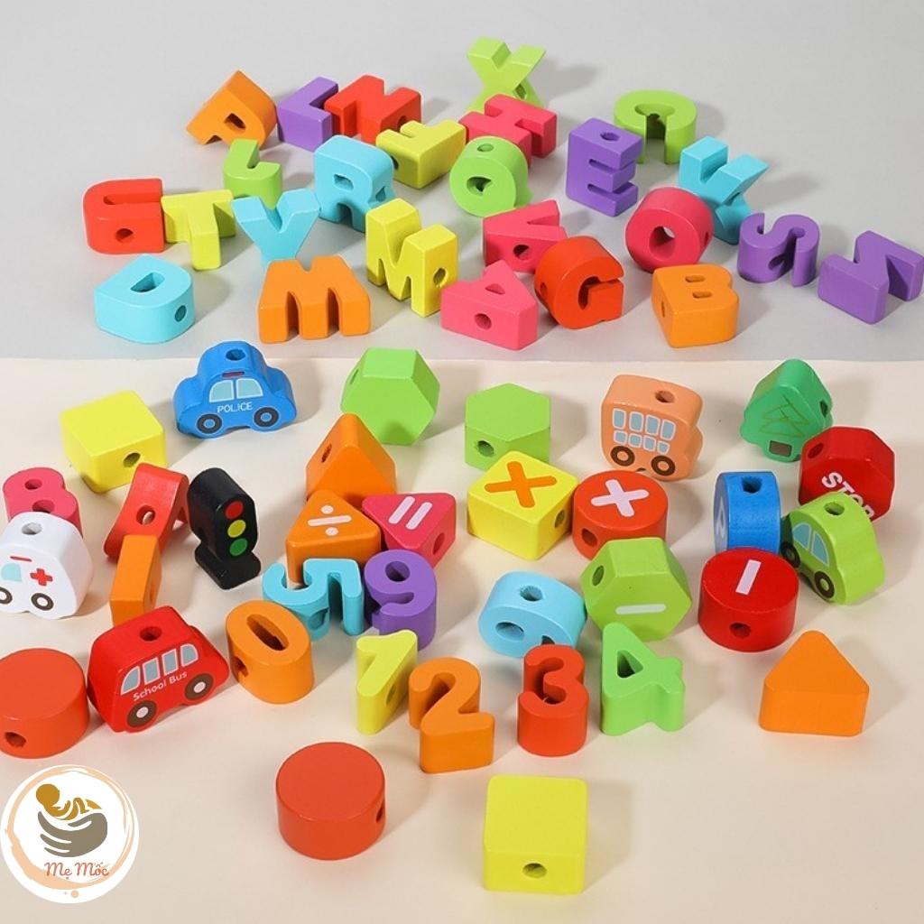 Bộ Luồn Xâu Chữ Cái, Số Và Phương Tiện Giao Thông Bằng Gỗ Cho Bé Sáng Tạo 75 Chi Tiết Shop Mẹ Mốc, L75CT