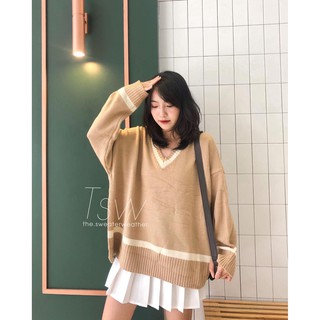 Áo len viền cổ V oversize