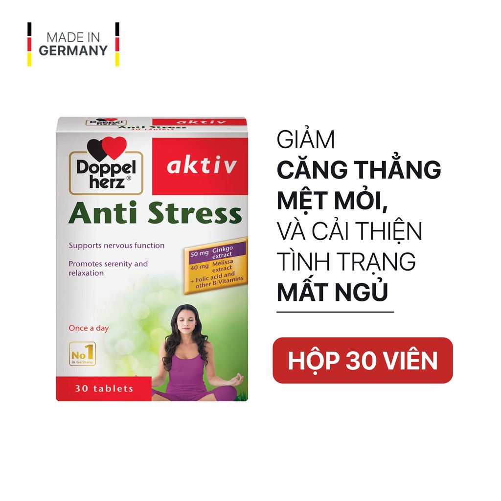 Viên Uống Giảm Stress Doppelherz Aktiv Anti Stress Giúp Giảm Mệt Mỏi, Căng Thẳng &amp; Tăng Cường Sự Tập Trung (Hộp 30 viên)