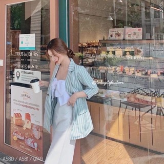 ÁO VEST KẺ XANH CHO NỮ