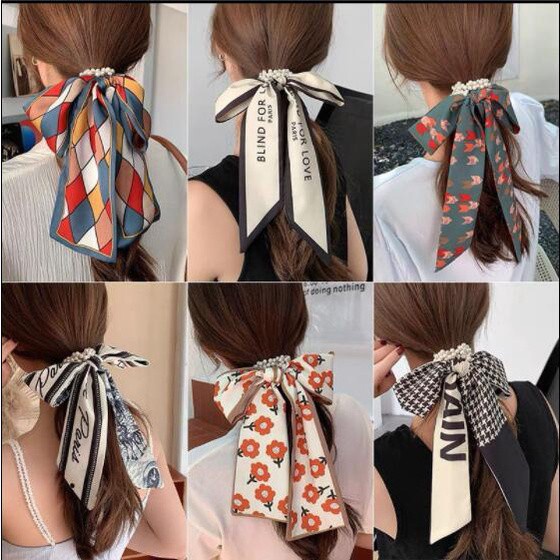Dây buộc tóc ruy băng co giãn đính ngọc trai phong cách Hàn Quốc 2021 cho nữ
