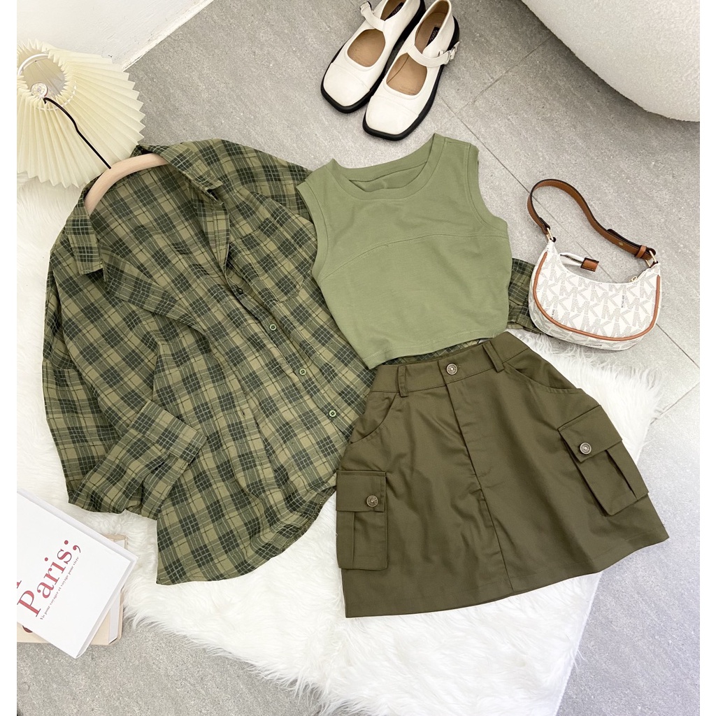 SET 3 MÓN: ÁO SƠ MI CARO XANH + ÁO BA LỖ CROPTOP + CHÂN VÁY TÚI HỘP