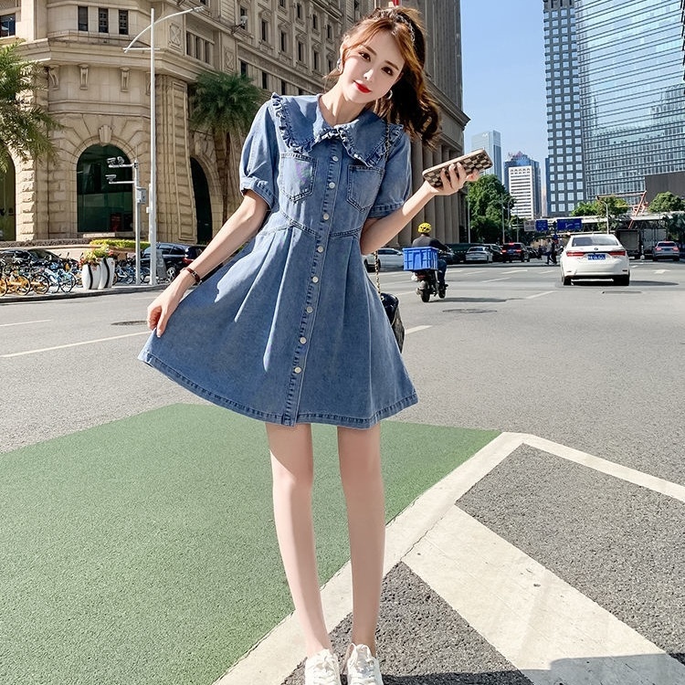 Đầm Denim Dáng Chữ a Tay Ngắn Cổ Búp Bê Phong Cách Phương Tây Thời Trang Mới 2022
