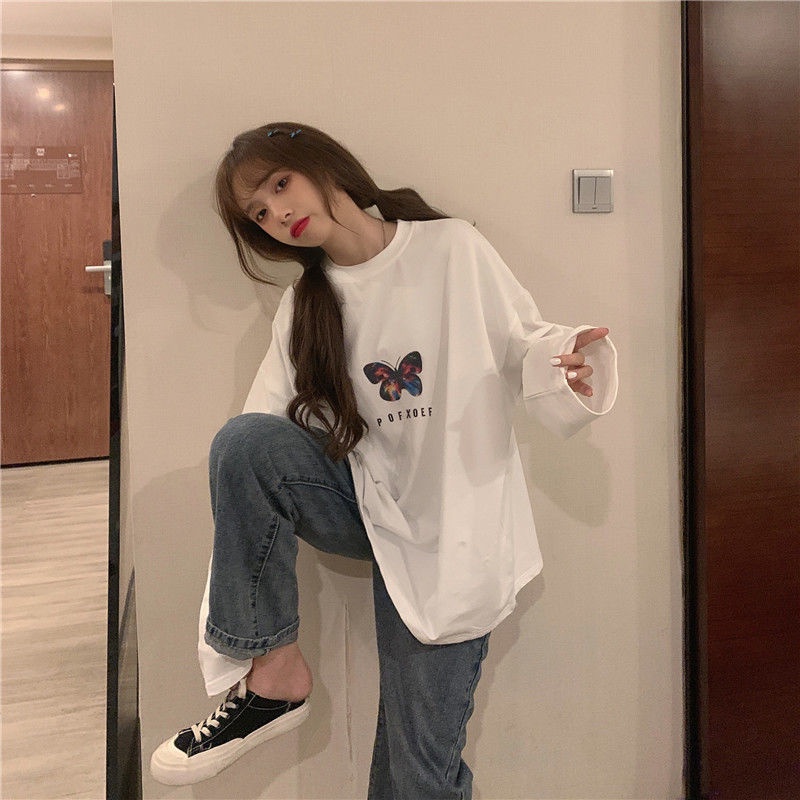Áo Thun Tay Dài Dáng Rộng In Họa Tiết Bươm Bướm Phong Cách Nhật Hàn Thời Trang 2022 Cho Nữ