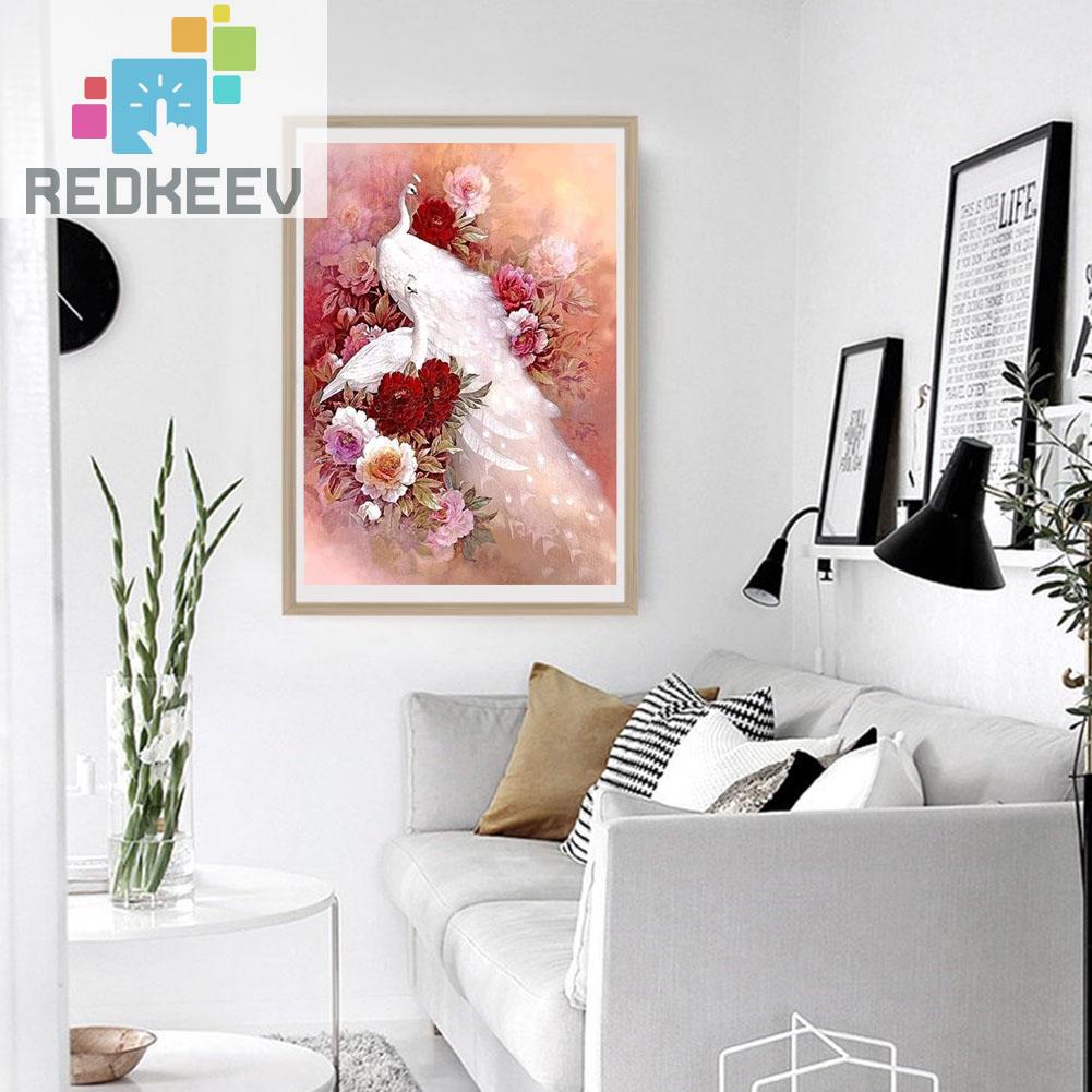 Tranh thêu đính đá treo tường trang trí nội thất hình chim công trắng 5D DIY