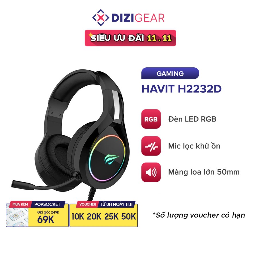Tai Nghe Gaming Headphone HAVIT H2232D, Driver 50, Đèn RGB, Mic Khử Ồn, Đa Tương Thích - Chính Hãng BH 12 Tháng Dizigear