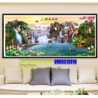 Tranh đính đá phong cảnh thiên nhiên giao hòa tuyệt đẹp kt 200*75cm đính kín