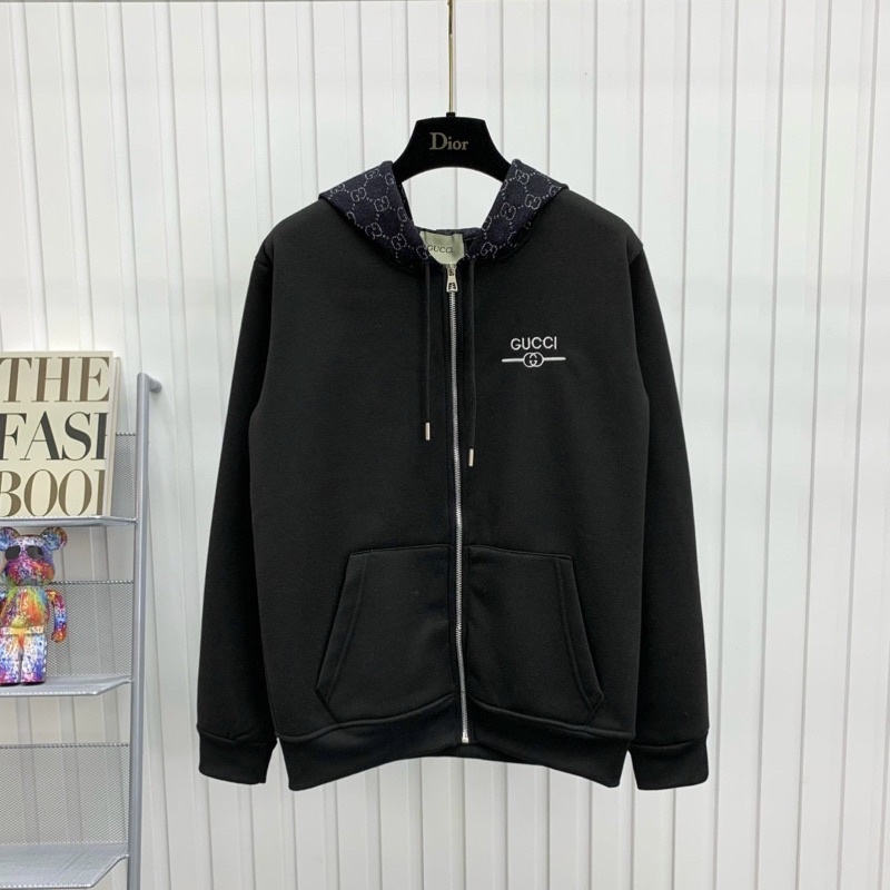 Áo khoác hoodie zip nam nữ thêu chữ logo ngực phối mũ dệt hoạ tiết chữ xích chéo monogram cực đẹp