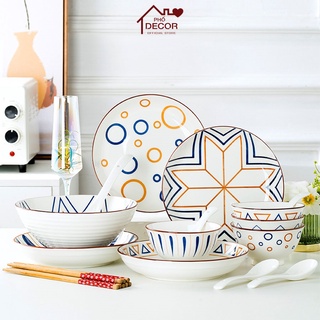  Bộ Bát Đĩa Gốm Sứ Phố Decor - BÁN LẺ - Phong Cách Nhật Bản Họa Tiết Thổ Cẩm - Mẫu 1