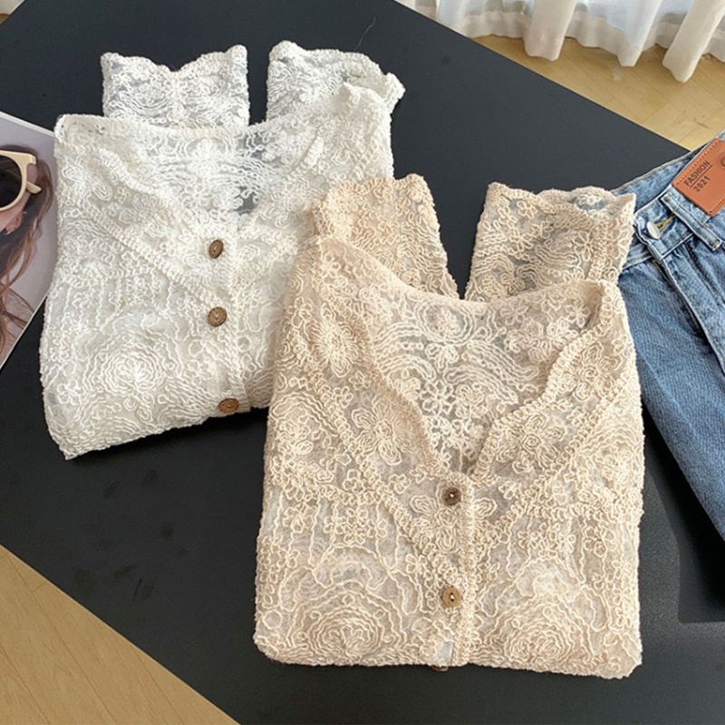 Áo Cardigan Cổ Chữ V Tay Dài Phối Ren Và Nút Họa Tiết Hoa Cho Nữ