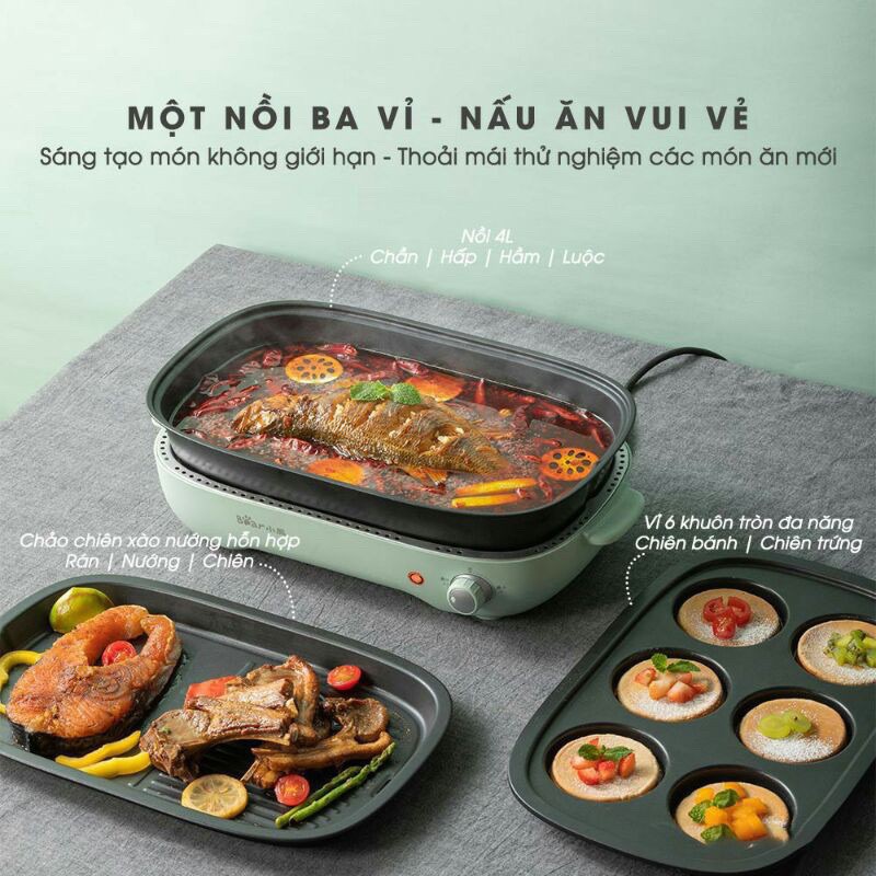Nồi lẩu nướng Bear 3 in 1 dung tích 4L chính hãng