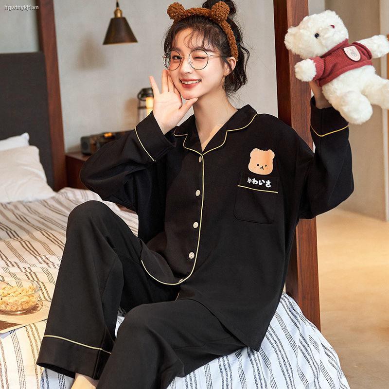 Bộ đồ ngủ tay dài chất liệu cotton nguyên chất thời trang xuân thu cho nữ