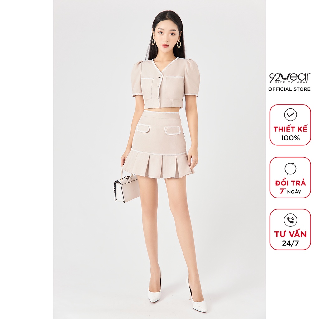 Áo sơ mi croptop nữ ngắn tay cổ V 92WEAR, thiết kế dây viền trẻ trung, chất liệu tuýt si cao cấp ABW1100