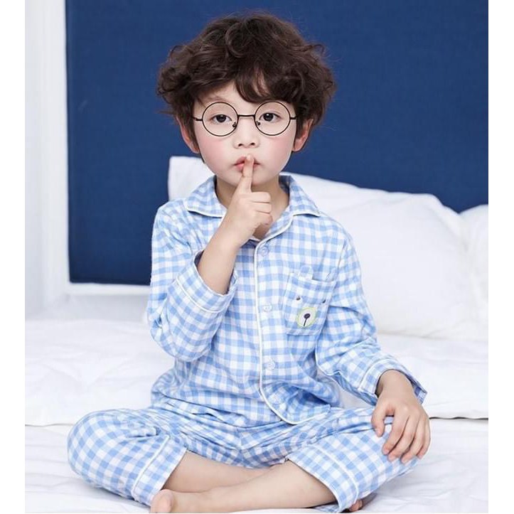 Bộ đồ pijama dài tay caro, túi gấu cho bé