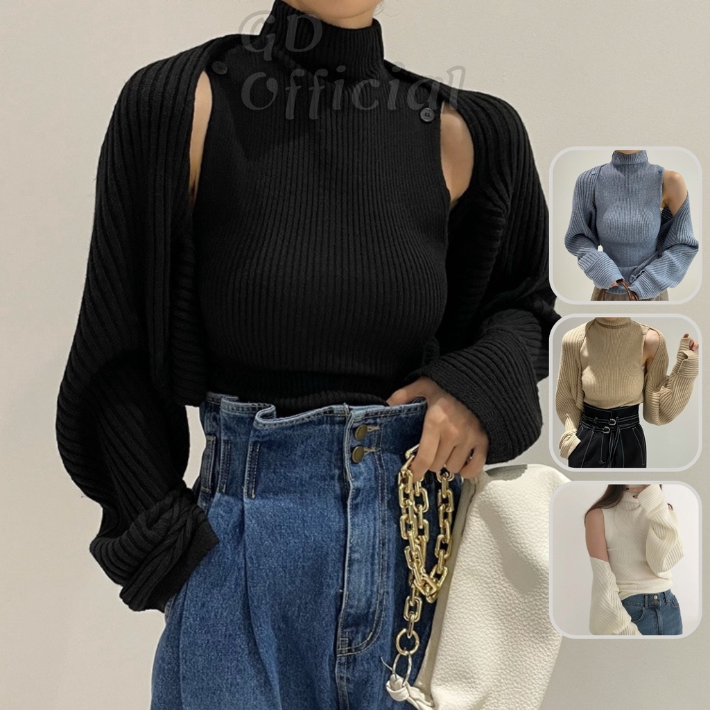 L26|Áo khoác cardigan len dệt kim nữ croptop khoác dài tay, cổ lọ tanktop cộc tay thun gân trơn trắng,đen GD Official