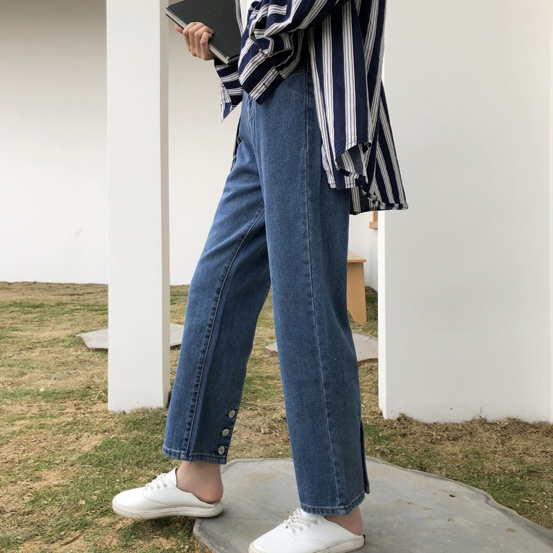 Quần Jeans Ống Rộng Nút Sau Cá Tính Ulzzang - Order Quảng Châu (Loại 1)