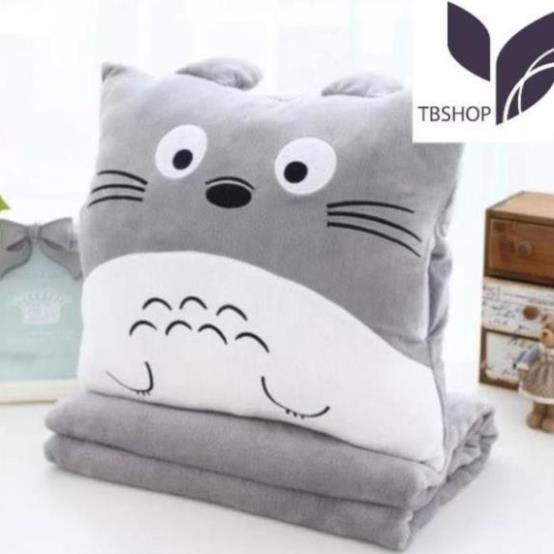 Bộ chăn gối văn phòng 3 in 1 Totoro vuông màu xám có thể mang đi du lịch tiện lợi