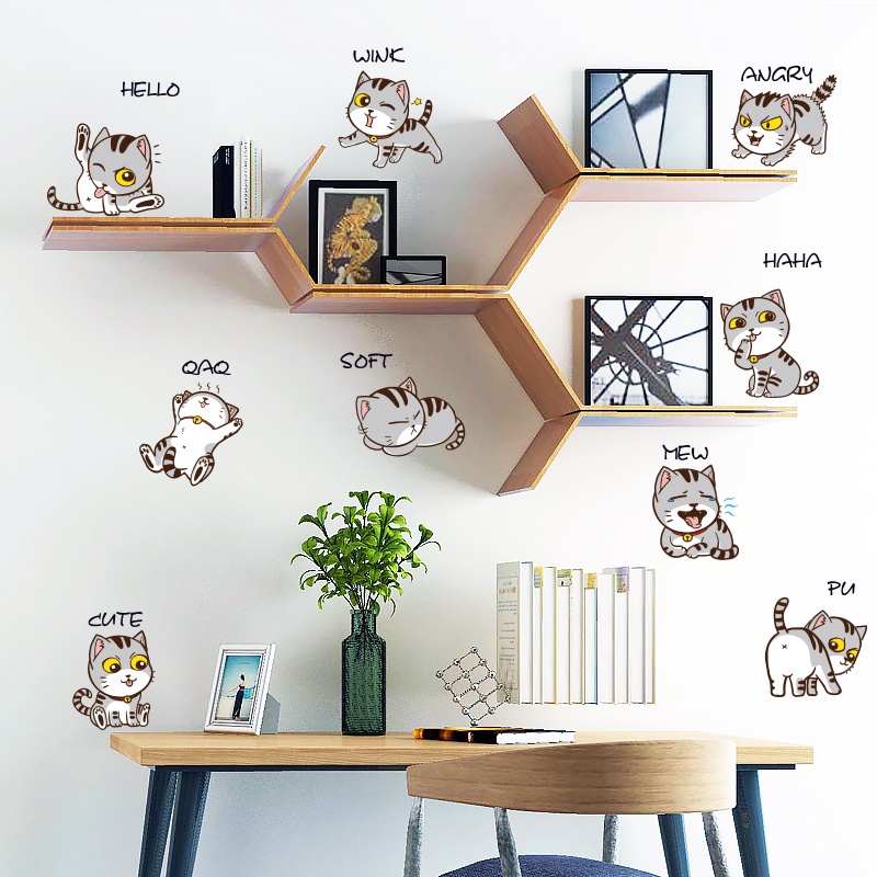 Sticker dán tường PVC chống nước hình mèo hoạt hình nhiều màu sắc trang trí phòng trẻ em