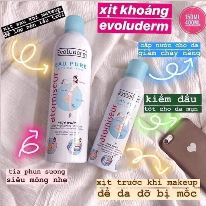 Xịt Khoáng Evoluderm Pháp 150ml/400ml,Cấp Nước Làm Dịu Da,  Xịt khoáng Chính Hãng