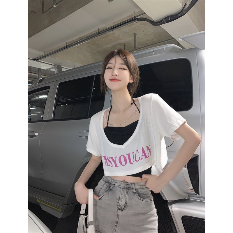 Set Áo Croptop 2 Áo Tay Ngắn RANSHI Dáng Rộng Sexy Phối Dây Xích Đi Chơi Đi Cafe Đi Biển Đẹp Hot - RA053