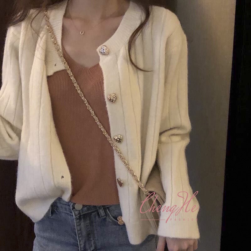 Áo khoác len Cardigan co dãn cúc trái tim dáng lửng xinh xắn học sinh  A00222