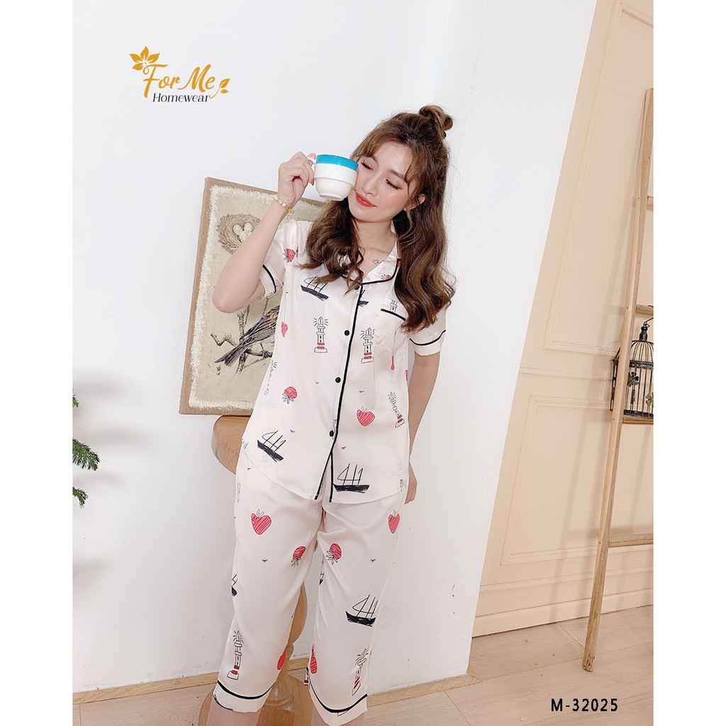 Bộ mặc nhà lụa giấy luxury cao cấp dáng lửng họa tiết Thuyền Be 32, forme pijamas