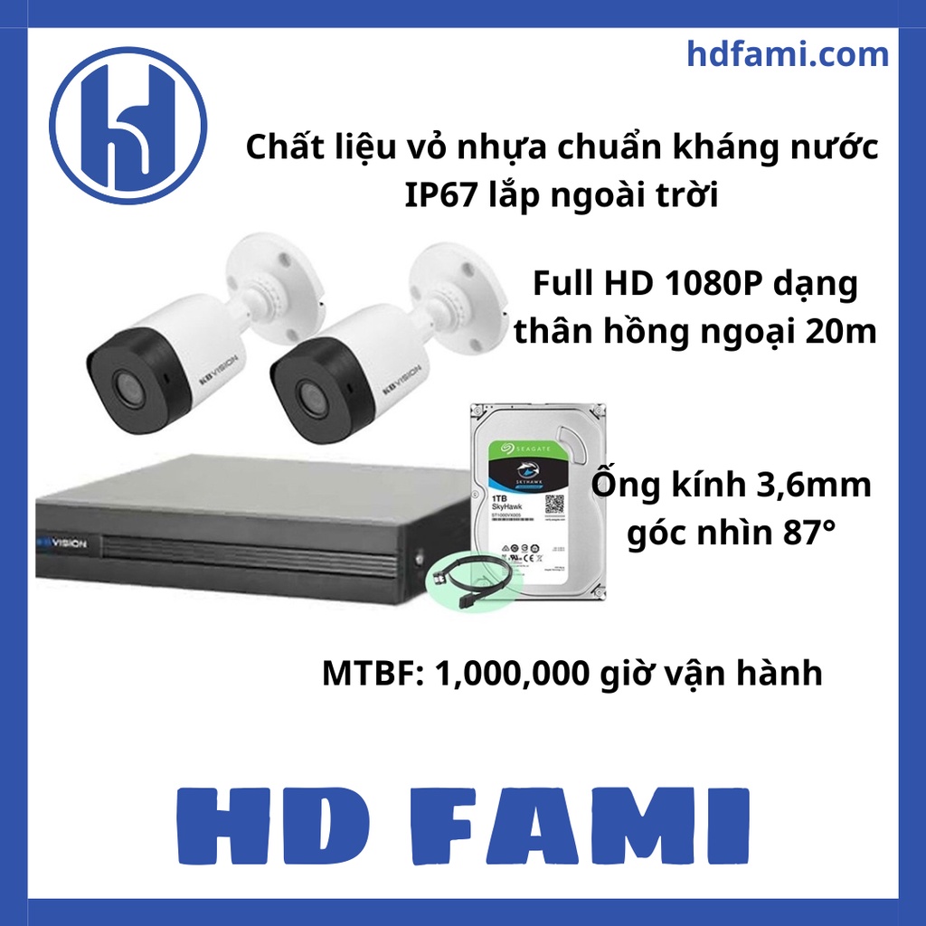 Bộ Camera KBvision - 2 Camera, đầu ghi 4CH và ổ cứng 1TB - Hàng chính hãng/Nhập khẩu