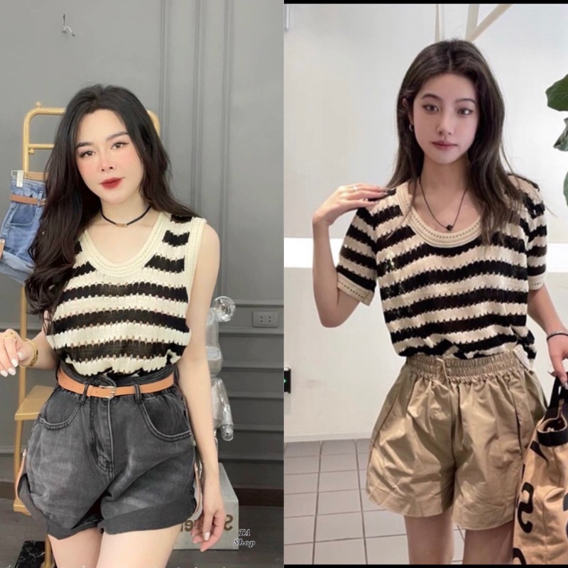 Áo len nữ mỏng sát nách , áo len mỏng cộc tay họa tiết kẻ ngang thời trang DUMI