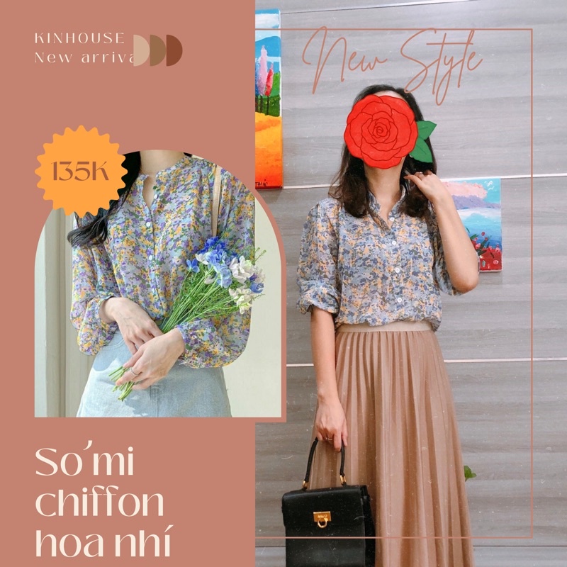 Áo sơ mi nữ Chiffon hoa nhí dài tay, Áo sơ mi phù hợp đi làm đi chơi - KinsHouse