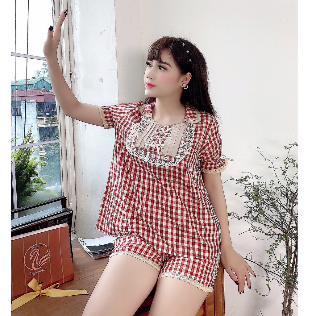 Bộ ngủ thô kẻ caro phối ren sang chảnh | WebRaoVat - webraovat.net.vn