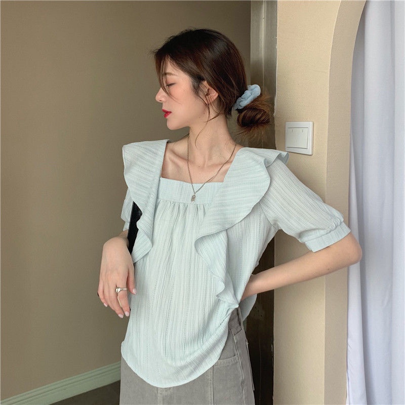 Áo Kiểu Tay Ngắn Cổ Vuông Thời Trang Theo Phong Cách Hàn Quốc Cho Nữ