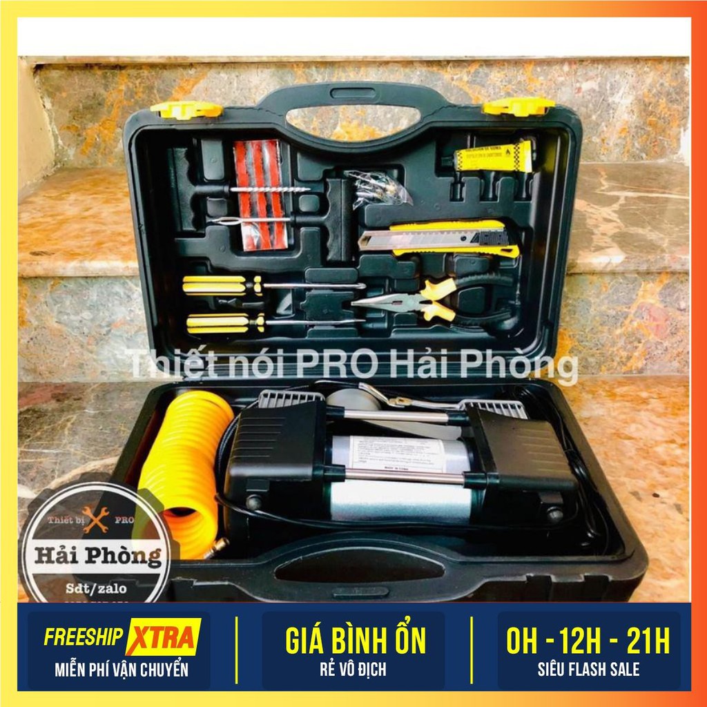 Bơm lốp 12V 2 pitong kèm bộ phụ kiện 💝FREESHIP💝 Dùng để bơm lốp ô tô, xe máy, bóng bay, phao bơi...bằng dòng điện 12v