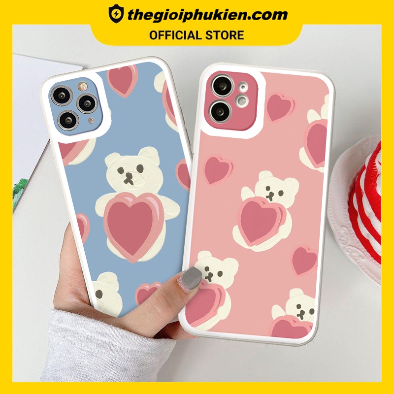Ốp iphone - Ốp lưng iphone cạnh vuông viền camera gấu ôm tim dành cho ip 6 đến 14promax - ng090