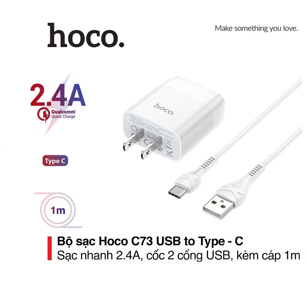 Bộ sạc nhanh 2.4A Hoco C73 chuôi dẹt 2 cổng USB kèm dây sạc Type-C dài 1M cho Android