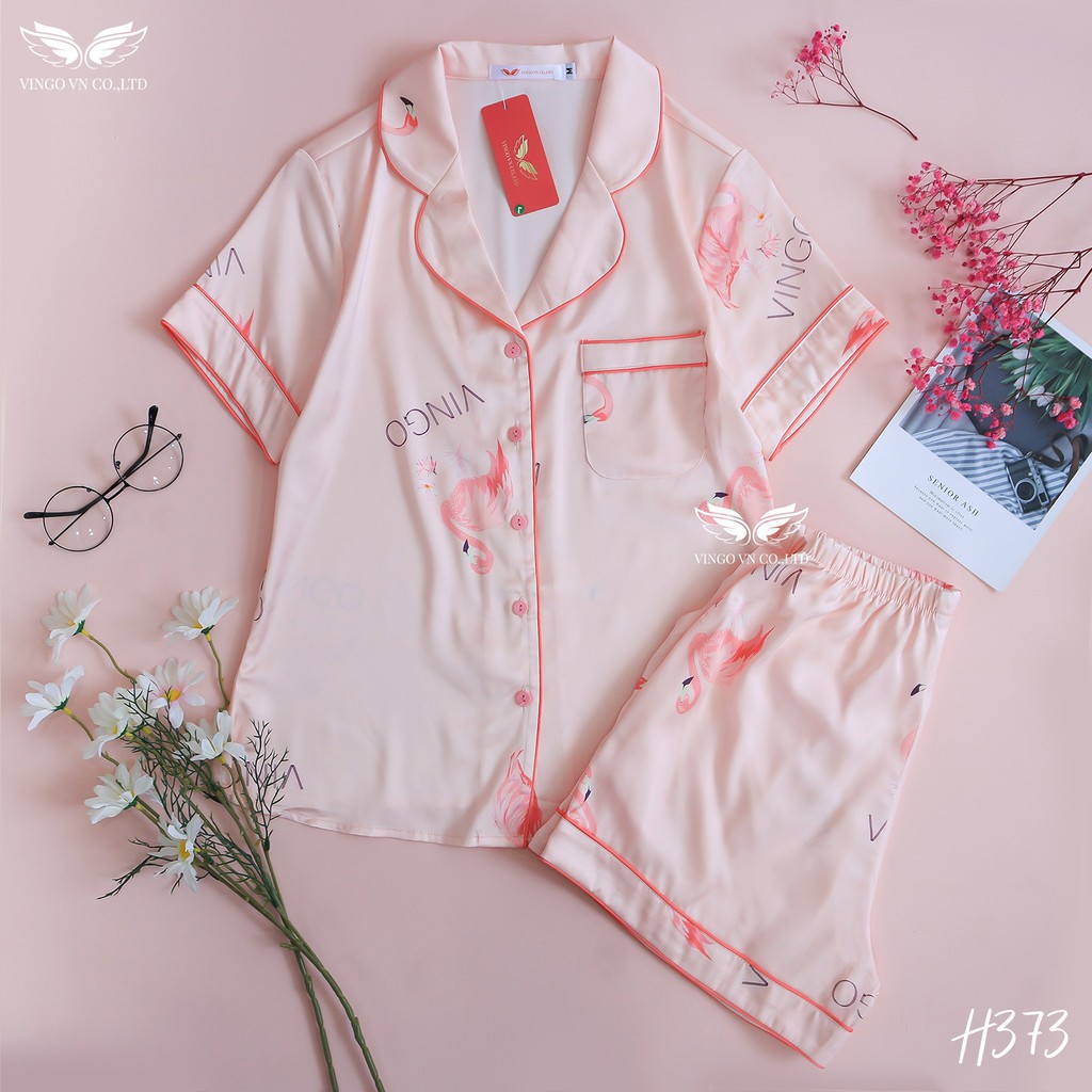 Bộ Đồ Mặc Nhà Nữ Kiểu Dáng Pyjama VINGO Chất Liệu Lụa Pháp Cao Cấp Tay Cộc Quần Cộc Họa Tiết Hồng Phấn H373 VNGO