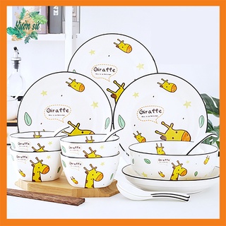 Bát đĩa sứ, bộ bát đĩa họa tiết Hươu cam dễ thương 18 món – VS196