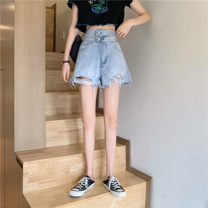 Quần Short Jean Rách Lưng Cao Ống Rộng Thời Trang Mùa Hè Hàn Quốc Mới Cho Nữ