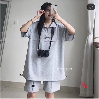💃 Bộ Áo Tay Lỡ Cổ Khóa Chữ Hàn Kèm Quần Short Dáng Rộng 2 Màu