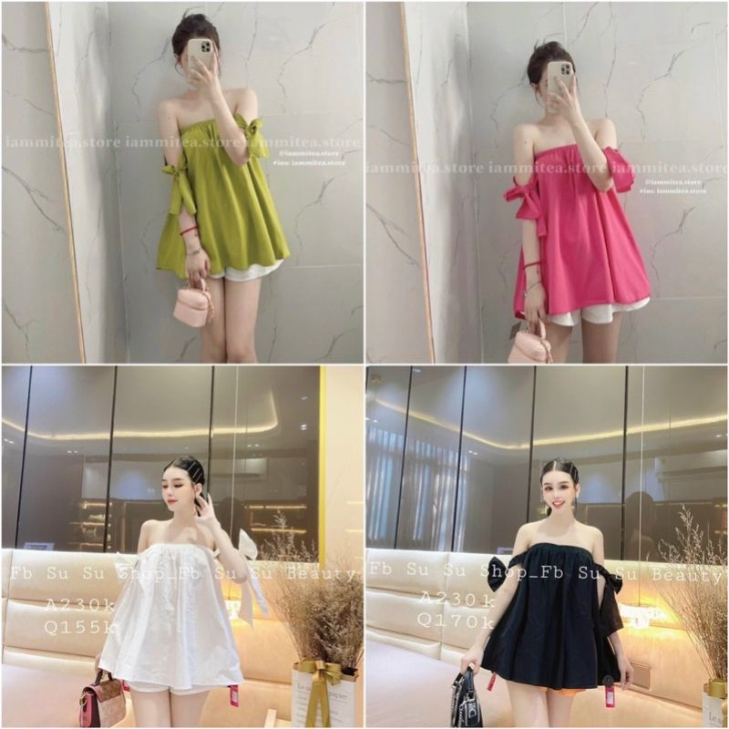 ÁO TRỄ VAI DẤU QUẦN PHỐI DÂY NƠ MẶC NHIỀU KIỂU B20