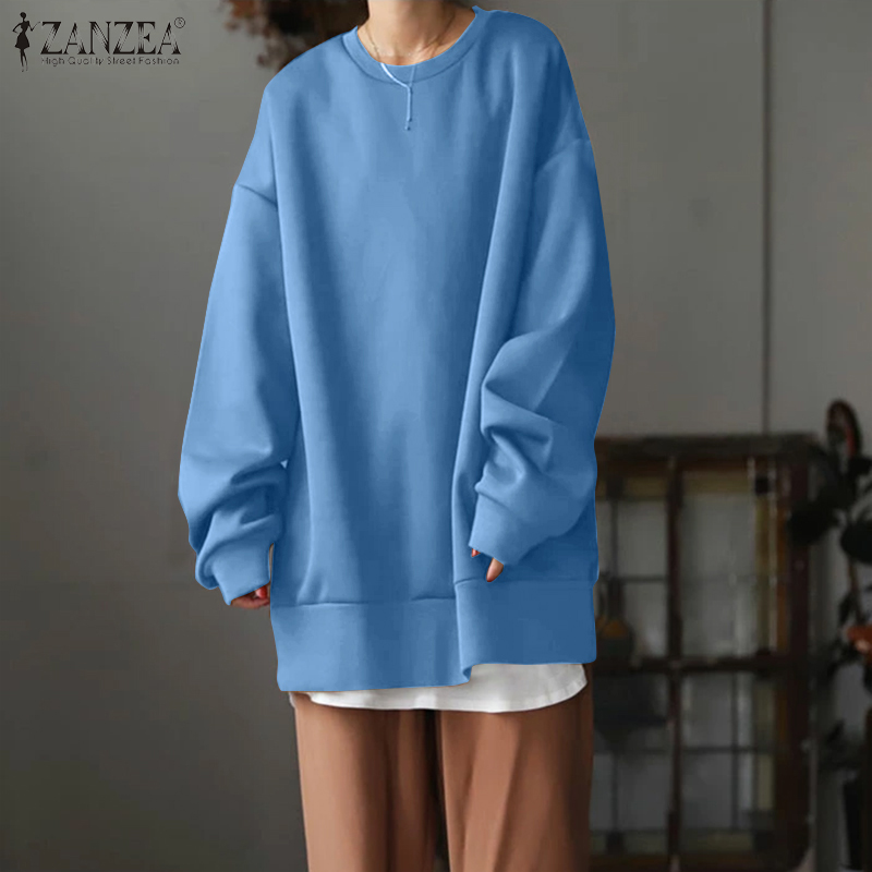 ZANZEA Áo Sweatshirt Tay Dài Cổ Tròn Dáng Rộng Màu Trơn Thời Trang Đơn Giản Dành Cho Nữ