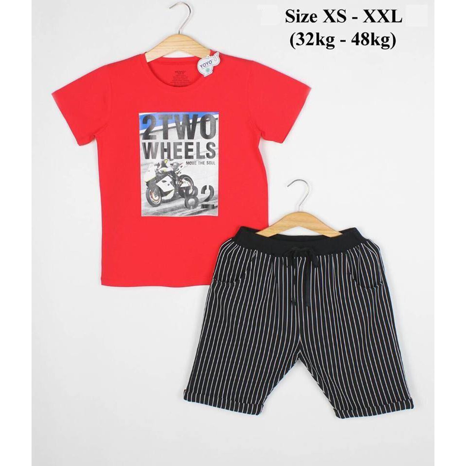 Bộ YOYO Đỏ tay ngắn+quần Short gấp lai 100% cotton 4 chiều size XS-XXL (32kg-45kg)