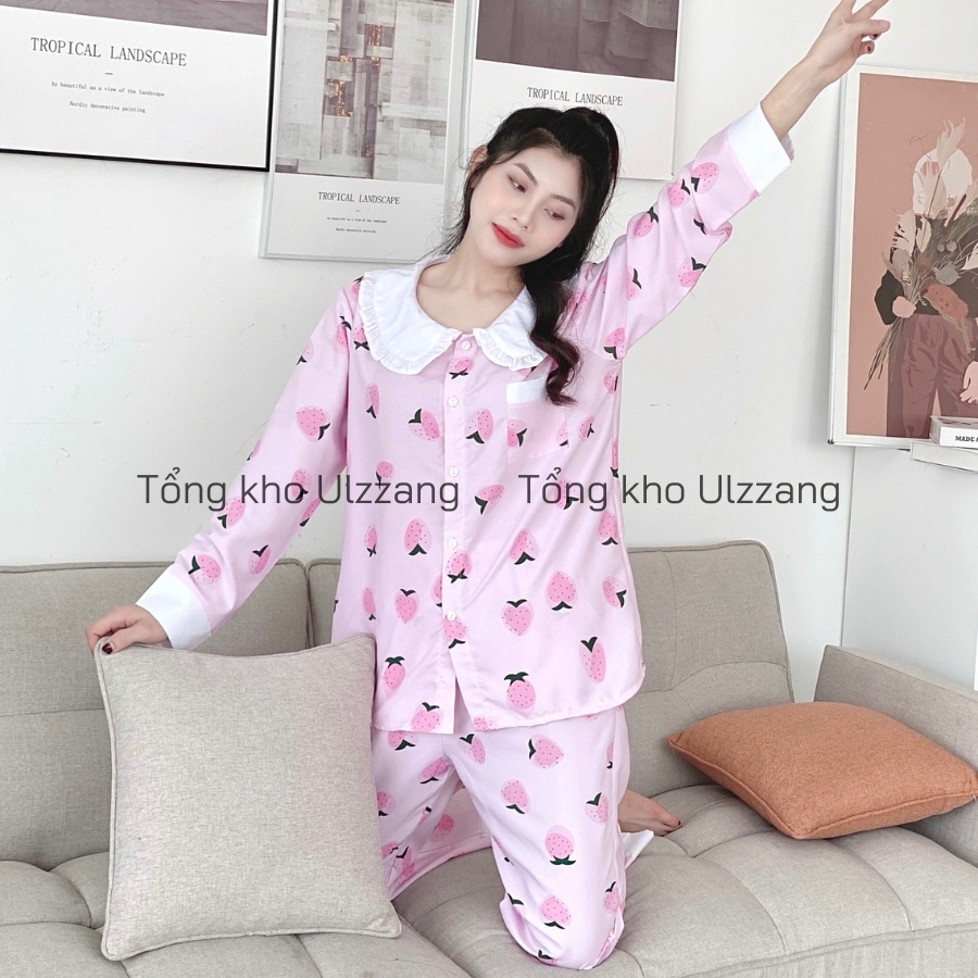 Bộ Pijama Dài Tay Quần Dài Phối Cổ Họa Tiết Dễ Thương Siêu Xinh